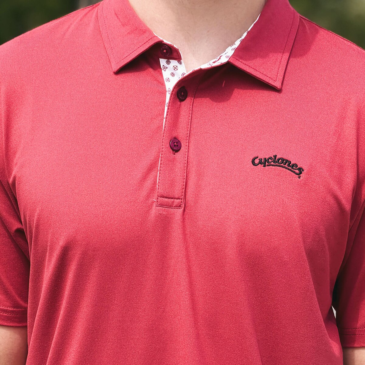 Swannies Cyclones Script Cardinal James H Polo close up of collar detail and logo